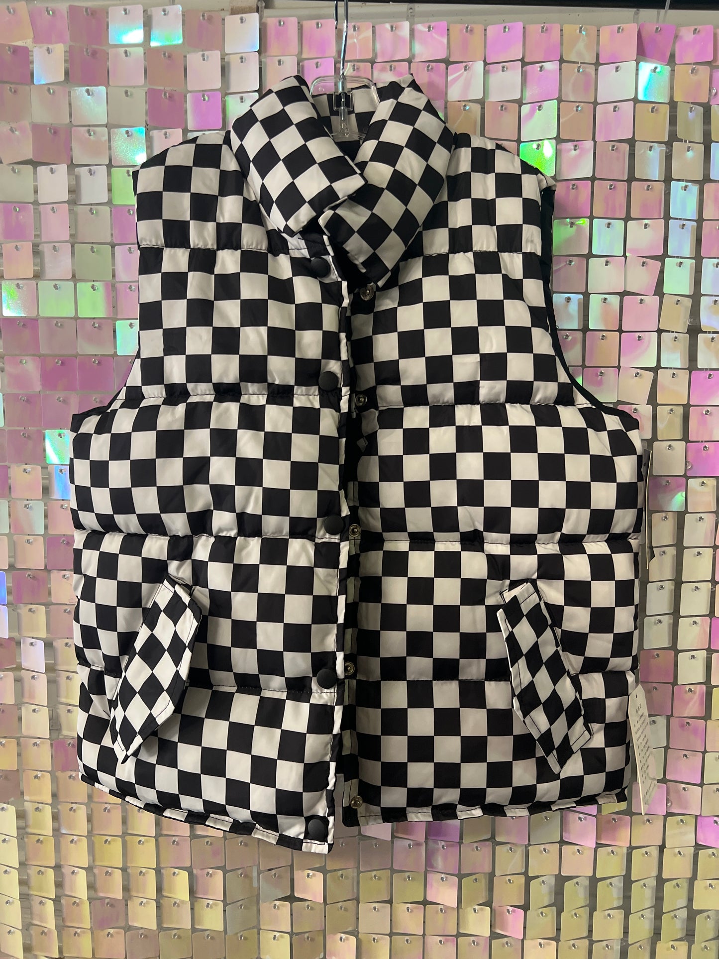 Black check puffer vest