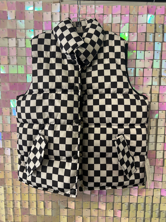 Black check puffer vest