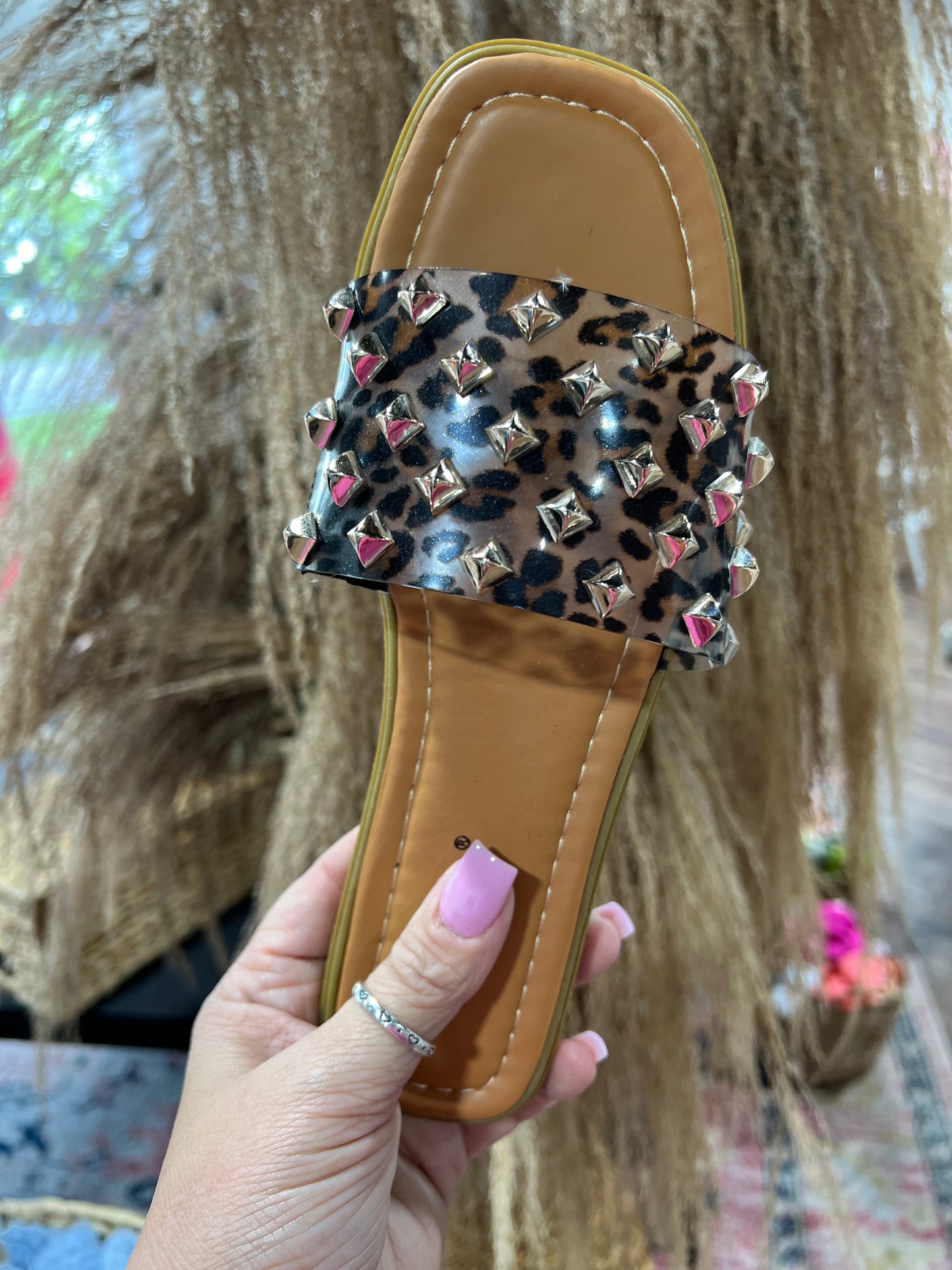 Clear leopard studded slides