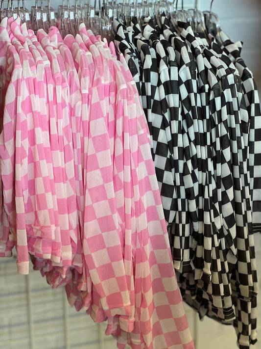 Pink check mesh top