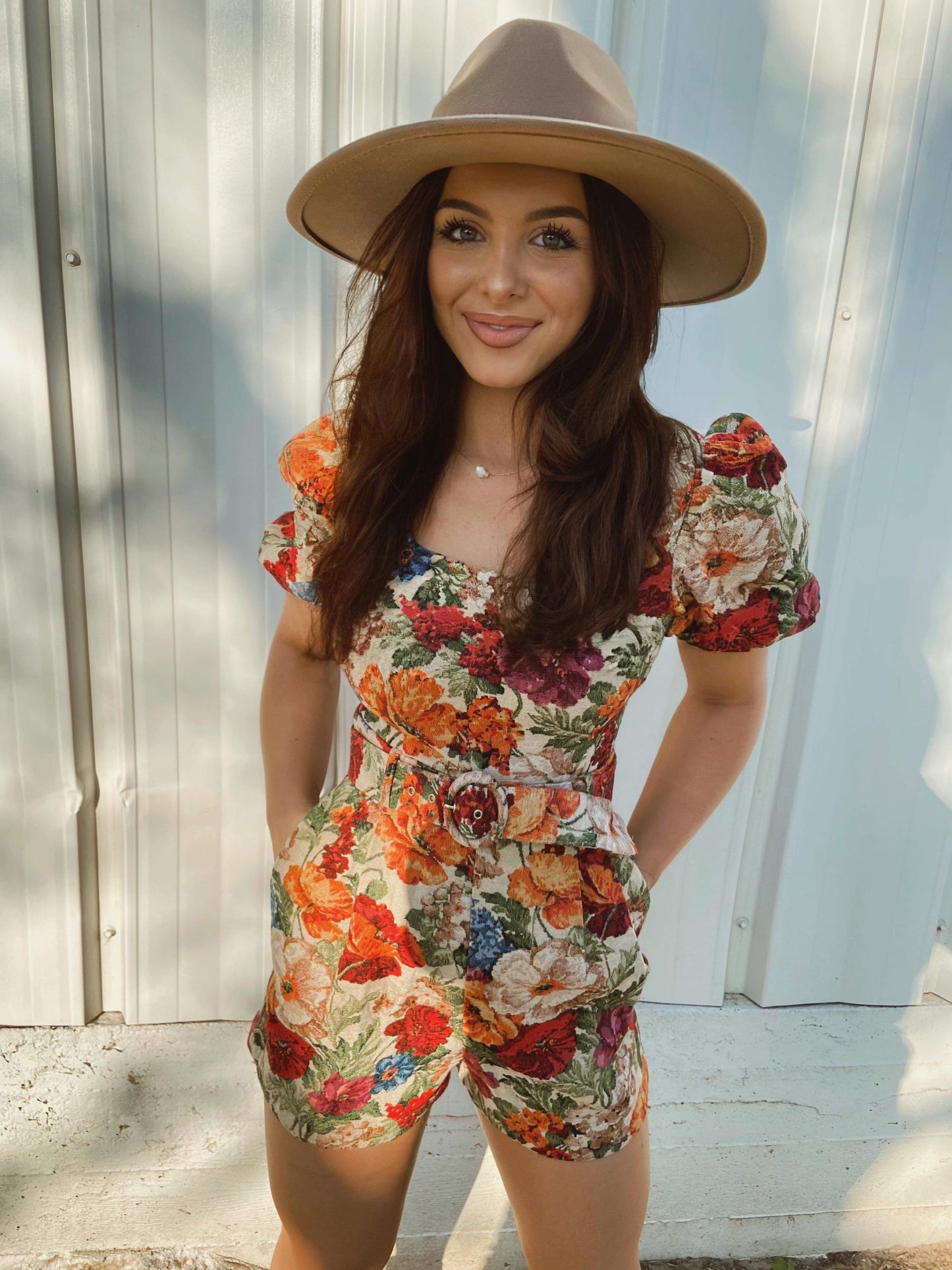 Floral brocade romper