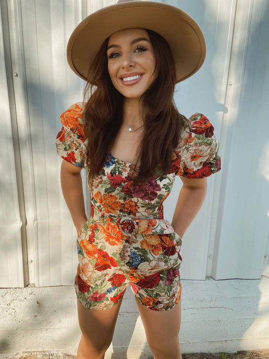 Floral brocade romper