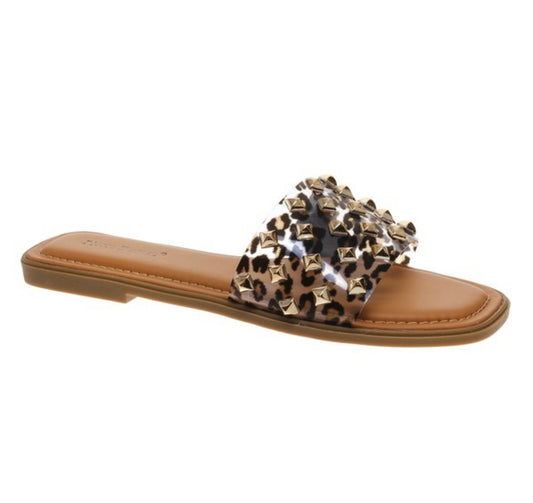 Clear leopard studded slides