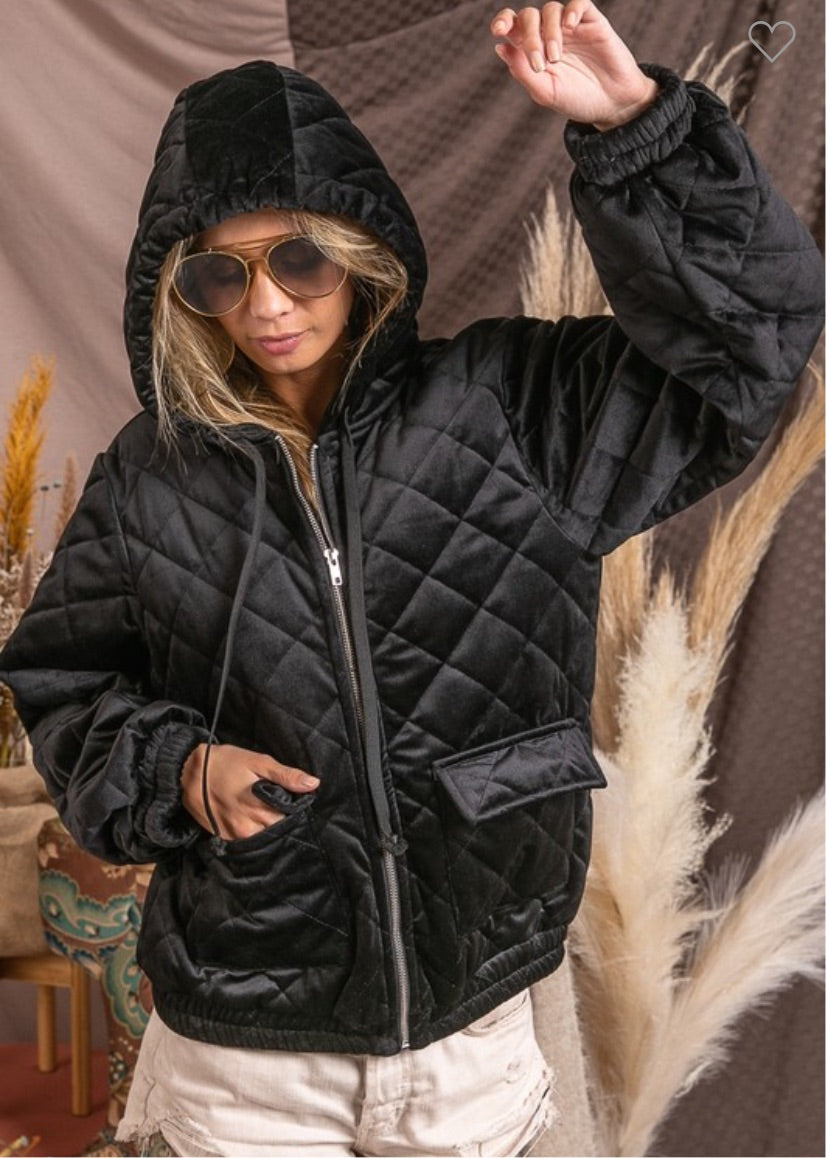 Quilted velvet hood jacket